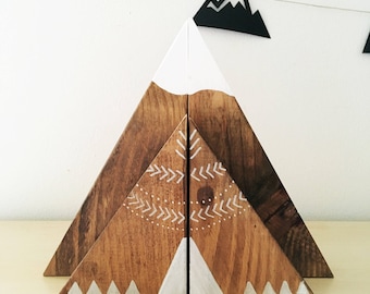 Stained Wood Mountain and Teepee Bookend set (large and small set), mountain bookends, teepee bookends, nursery bookends, kids bookends