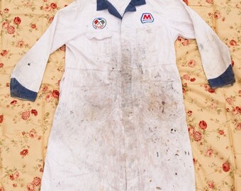 vintage Penney's Big Mac shop / utility coverall coat - 1960s 60s JC Penneys sanforized - Corvair Marathon Oil patches auto gas station