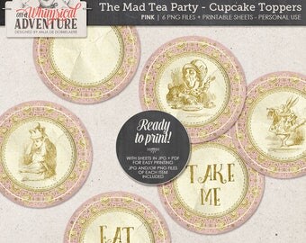 Printable Alice In Wonderland cupcake toppers, party printables, printable collage sheet, tea party, vintage mad tea party digital download