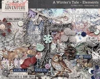 Snow Queen, Winter Wonderland, Instant Download, Digital Scrapbook Elements, Silver Glitter, Fairytale, Vintage Reindeer, Owl, Snowflakes