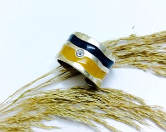 Yellow Blue swarofski adjustable enamel ring |Swarofski stone ring