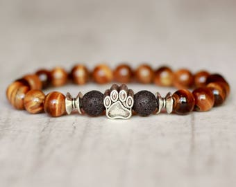 paw bracelet for men gift for brother dog lover bracelet tiger eye bracelet brown bracelet dog lover jewelry husband gift for him present