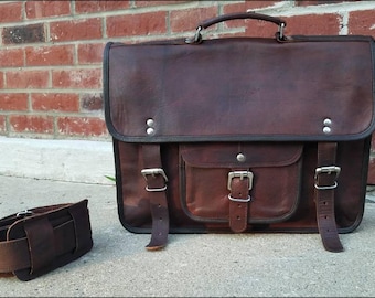 Leather Messenger Bag. 15" Mens Leather Bag. Leather Briefcase. Leather Attache with Top Handle. Men's Bags