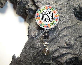 Floral Retractable Badge Holder,Personalized Badge Reel,Monogram Badge Reel,Monogram Badge Holder,Monogram Stethoscope Id Tag -Style 541