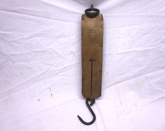 Antique Brass Spring Scale, Chantillons Spring Balance, Distressed, Hanging Scale, 120 pounds, New York