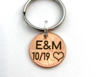 Penny Keychain, Personalized Keychain, Lucky Penny, Couples Keychain, Anniversary Gift for Boyfriend, Gift for Husband, Hand Stamped, Custom