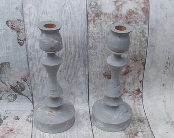 Pair of Solid Wood Candlesticks, Shabby Chic Candlesticks, Distressed, Paris Grey, Candle Holders, Vintage