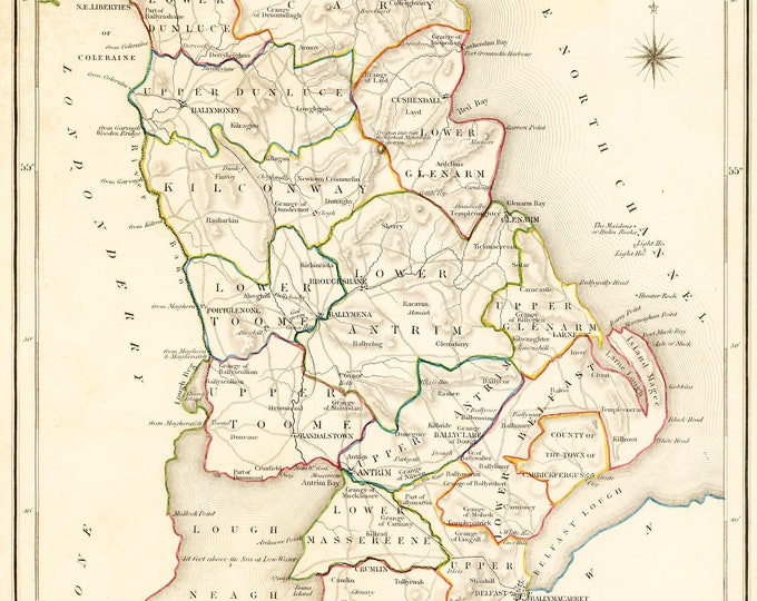 Irish Map - County Antrim Ireland - Antique Map 1837 - Free International Shipping