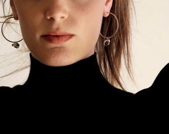 Geometric earrings, simple earrings, minimal earrings, hoops earrings with charm, earring in sterling silver