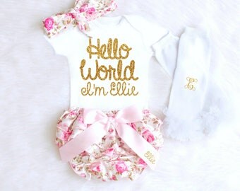 Baby Girl Coming Home Outfit, Newborn Girl Coming Home Outfit, Baby Clothes, HELLO WORLD Personalized Newborn Outfit Baby Girl Clothes fall