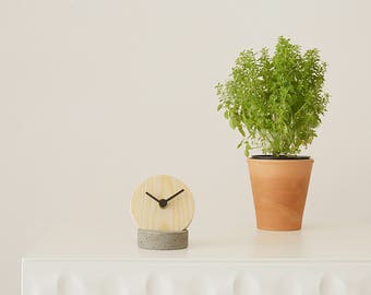 Wooden Table Clock with Concrete Stand, Handmade Desk Clock, Wooden Cement Clock Holder.