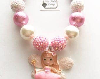 Girl's Sweet Tooth Fairy/Fairy Enamel Paint Pendant and Chunky Bubblegum Beads Necklace