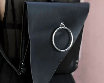 EUPORIE _ Black Genuine Leather Bag - Asymmetric Backpack - Geometric Bag - O-ring - Luxury Accessory | RHÉA
