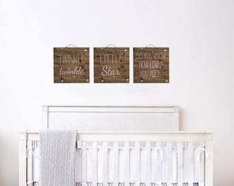 Twinkle Twinkle Little Star - Set of 3 - Pink Grey Distressed Pallet Wood Wall Sign - Baby Nursery Wall Art Decor - Any Color - Personalized