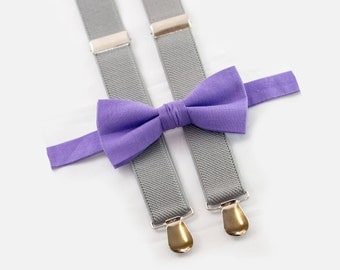 Wedding Set, Purple Bow Tie & Light Gray Suspenders, Mens Suspenders Bow Tie