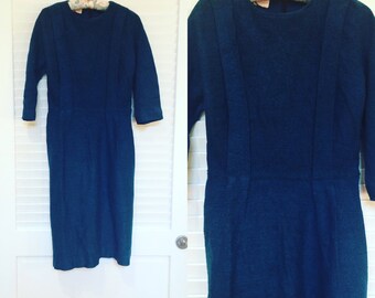 Vintage 1960s Blue Pleated Winter Dress, Mad Men Style