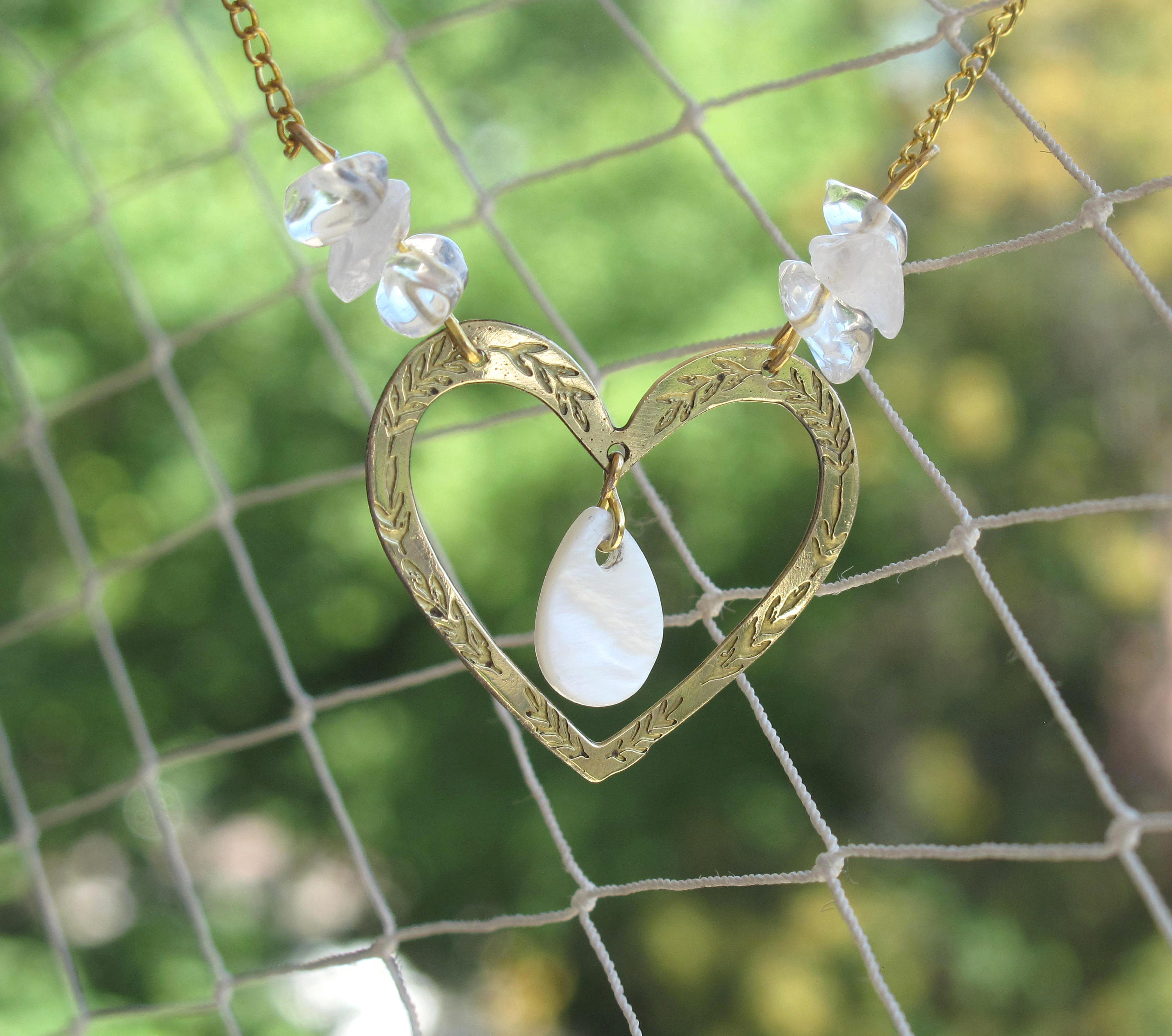 Brass Heart Necklace Pearl Necklace Shell Charm Metal Lace