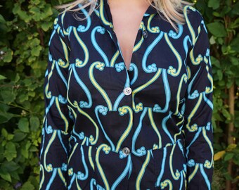 True Vintage Medium 1950s 1960s Black with Print Blouse Shirt Top Cotton Designer Original by Pleetway Small / Medium