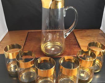 Romanian Gold Rimmed Pitcher and 6 Glasses Set