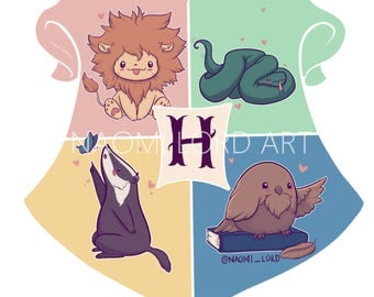 Stickers, Kawaii/Cute Hogwarts House Crests. Gryffindor, Hufflepuff, Ravenclaw, Slytherin.
