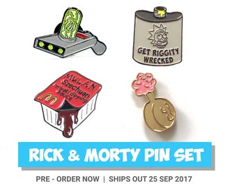 RICK & MORTY PINS set | Enamel Lapel Badge Brooche Fan Art plumbus nugget szechuan sauce portal gun riggity recked flask sanchez schwifty