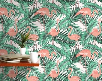 Palm Leaves Removable wallpaper Exotic Peel and Stick Jungle Wall covering Tropical Flamingo Birds Jungle Wall Paper Botanical CC055