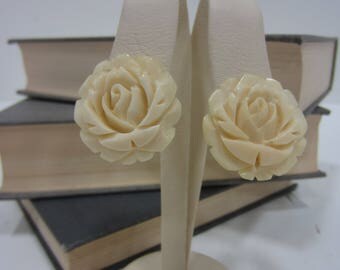Vintage Ivory Carved Bakelite Rose Earrings Made in Japan