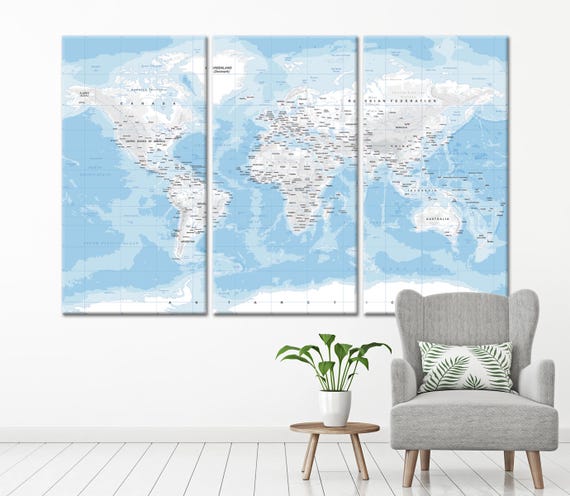 Blue and Grey Large detailed world map wall art with countries names canvas print,Extra large Physical World Map, canvas print ready to hang