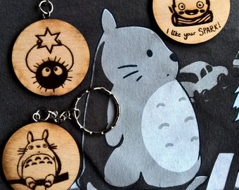 Studio Ghibli - Totoro, Calcifer, sootball, handmade Laser engraved wooden keyring with chain - Anime / Cartoon