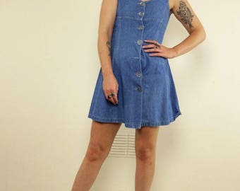 Vintage 90's Denim Button Through Sleeveless Dress