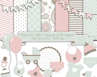Baby Birth Digital Scrapbooking Kit • Baby Girl or Boy Clipart and Digital Papers for DIY Baby Shower Invitations, Cards or Scrapbook