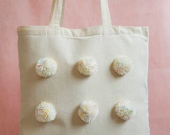 Flecked Pom Pom Canvas Tote Shopper Bag
