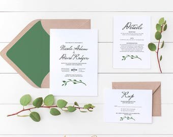 Wedding Invitation Printable | Watercolour | Leaves | Leaf | Boho | Wishing Well | Elegant | RSVP | Details Card | Rustic | Minimalist