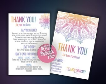 Thank you Cards, With care instructions, Happiness Policy, Care card, Business Cards, Digital File, Home Office Approved Color&Fonts
