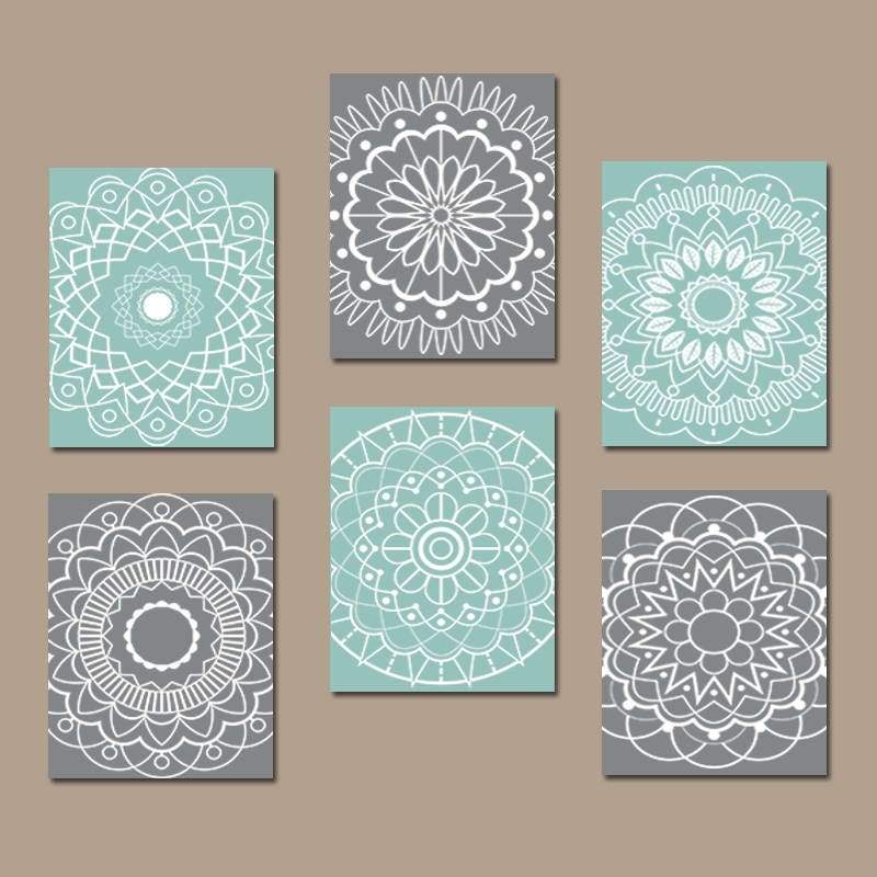 AQUA GRAY Bathroom Artwork Mandala Wall Art CANVAS or