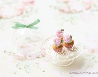 Dollhouse Miniature Food - Buttermilk Pink Peonies Cupcakes