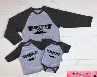 Top Gun Matching Baseball shirts. You choose Unisex Adult CHARCOAL 3/4 length sleeve Toddler Baseball sleeve or Baby bodysuit. Maverick