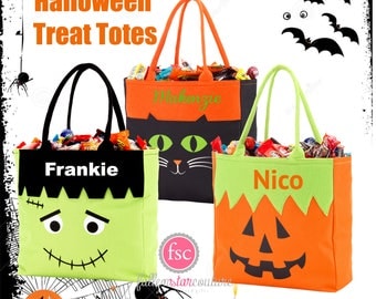 Halloween trick or treat bag , personalized halloween bag , halloween bucket , kids trick or treat bag, frankenstein, cat, pumpkin