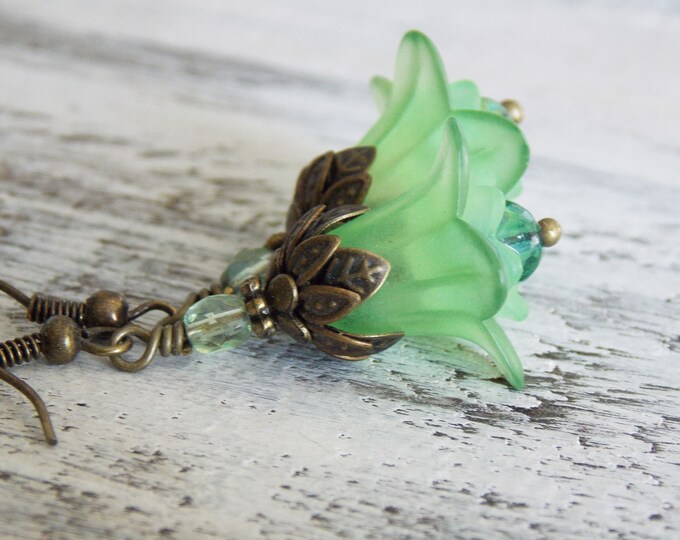 Tulip Flower Green Bell Lucite Flower Earrings Filigree Brass Czech Glass Light Green Blue Lightweight Gift For her