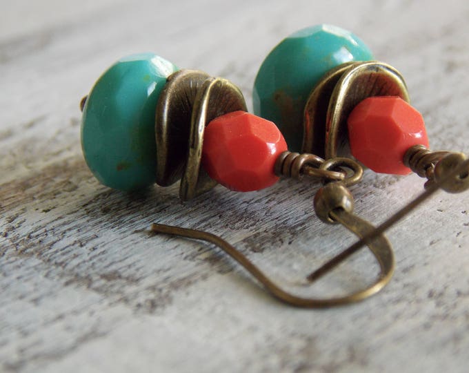 Coral Glass Drop Earrings Turquoise Czech Glass Brass Tropical Earrings Boho Dainty Cute Minimalist Gift For Her Jewelry