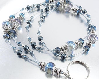 Blue Crystal and Swarovski Pearl Beaded Lanyard, ID Badge Holder, ID Necklace, Badge Clip Necklace
