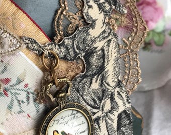 alice - necklace vintage fabric lace collar statement bib whimsical toile woman shabby pearl flower birds victorian, the french circus
