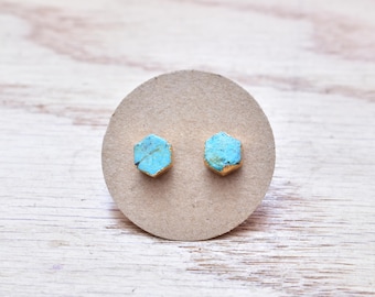 Gold Hexagon Turquoise Stud Earrings/ Gold Stud Post Earrings Natural Bright Blue Turquoise/ Natural Turquoise Blue Gold (GSS21)