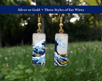 Great Wave earrings, Hokusai earrings, small glass earrings, classic art earrings, Great Wave off Kanagawa
