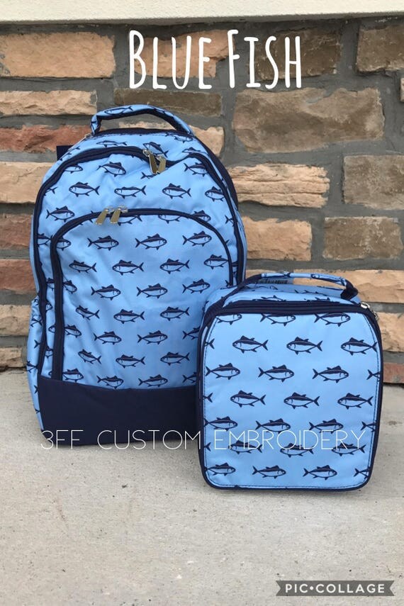 Boys Blue Fish Backpack and Lunchbox with FREE Monogram or