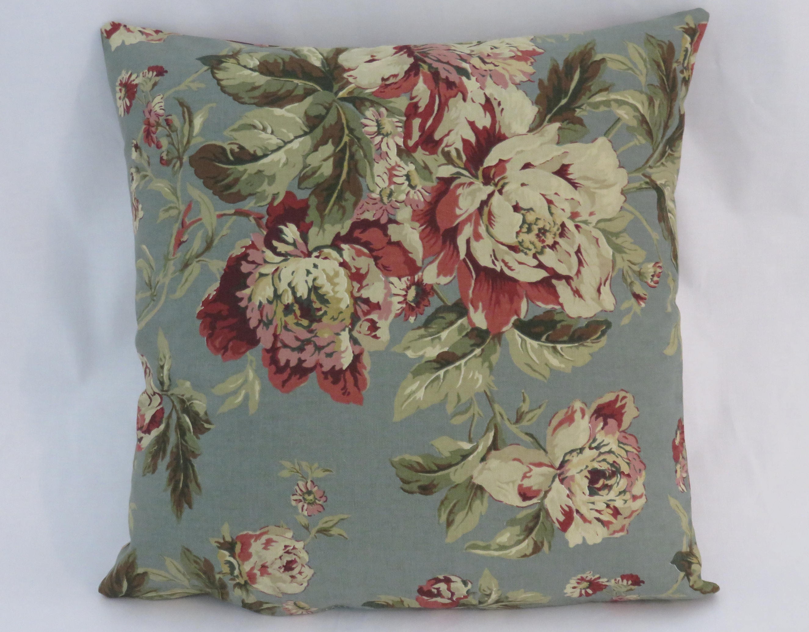 Teal and Maroon Floral Pillow Waverly Fleuretta in Bayberry