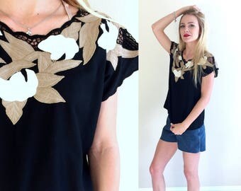 vintage 80s black CROCHET LACE cut out BLOUSE Medium/Large embroidered hippie Bali shirt top ethnic fishnet peek a boo festival boho cutwork
