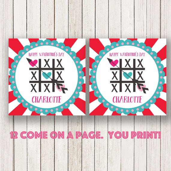 tic tac valentines day kids cards, Valentine's tag, tic tac toe Labels, Red pink teal labels ...