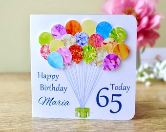 65th Birthday Card - Personalised Age 65 Birthday Balloons Card - Handmade Custom Personalised - Mum - Dad - Sister - Friend Colourful BHB65
