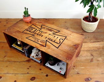 wood coffee table,vintage crate,industrial shipping crate,storage trunk,bookshelf,rustic decor,advertising,farmhouse antique,BEACON FALLS MA
